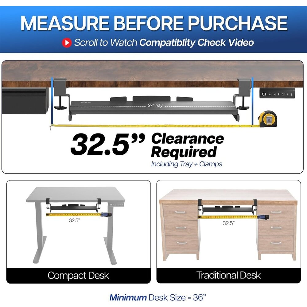 Large Keyboard Tray Under Desk Pull Out with Extra Sturdy C Clamp Mount System, - Picture 5 of 9